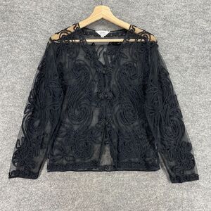 Celsa Top Women L Large Black Paisley Button Up V-Neck Sheer Long Sleeve Casual